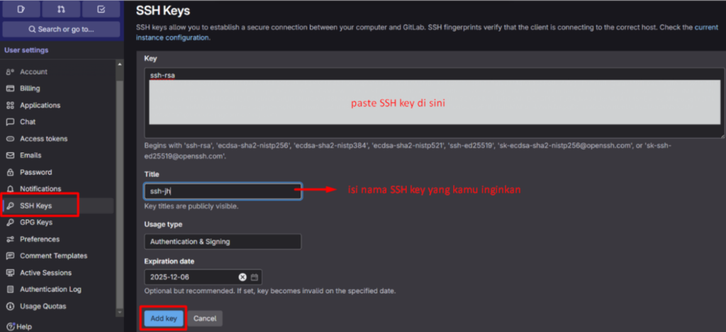 Copy ssh key di GitLab