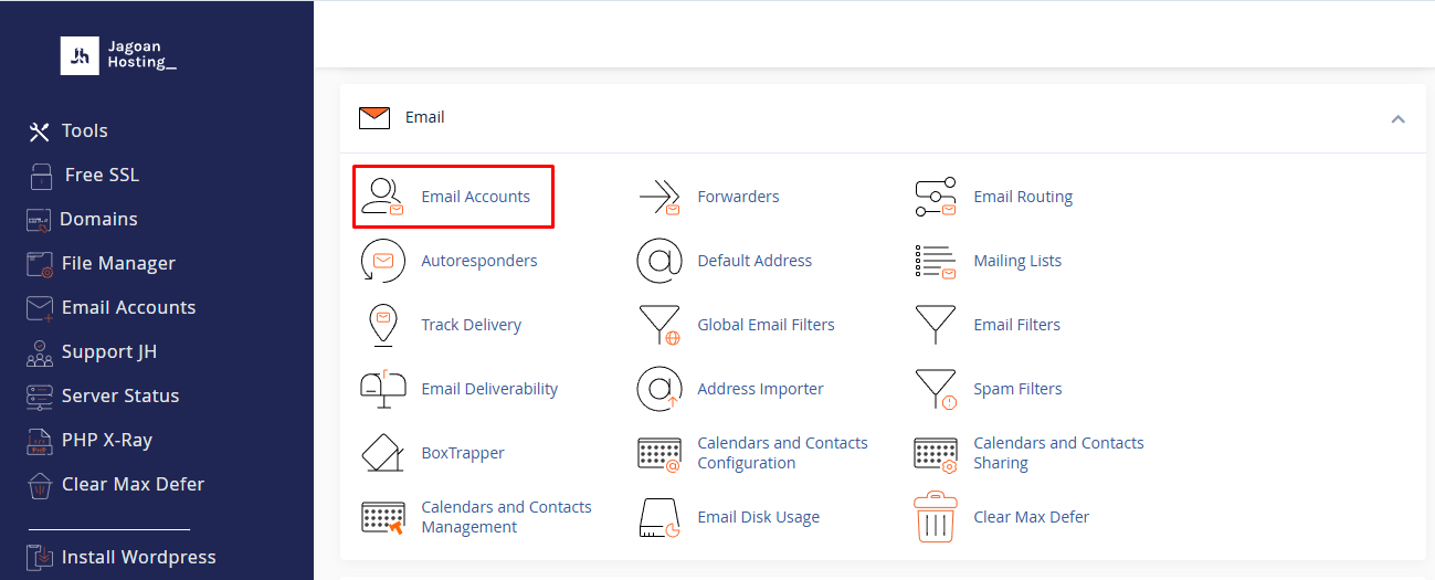 1-Menu email accounts di cPanel – Cara mengakses email di webmail cpanel Cara mengakses email di webmail cpanel