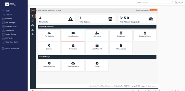 1-Pilih home directory di JetBackup
