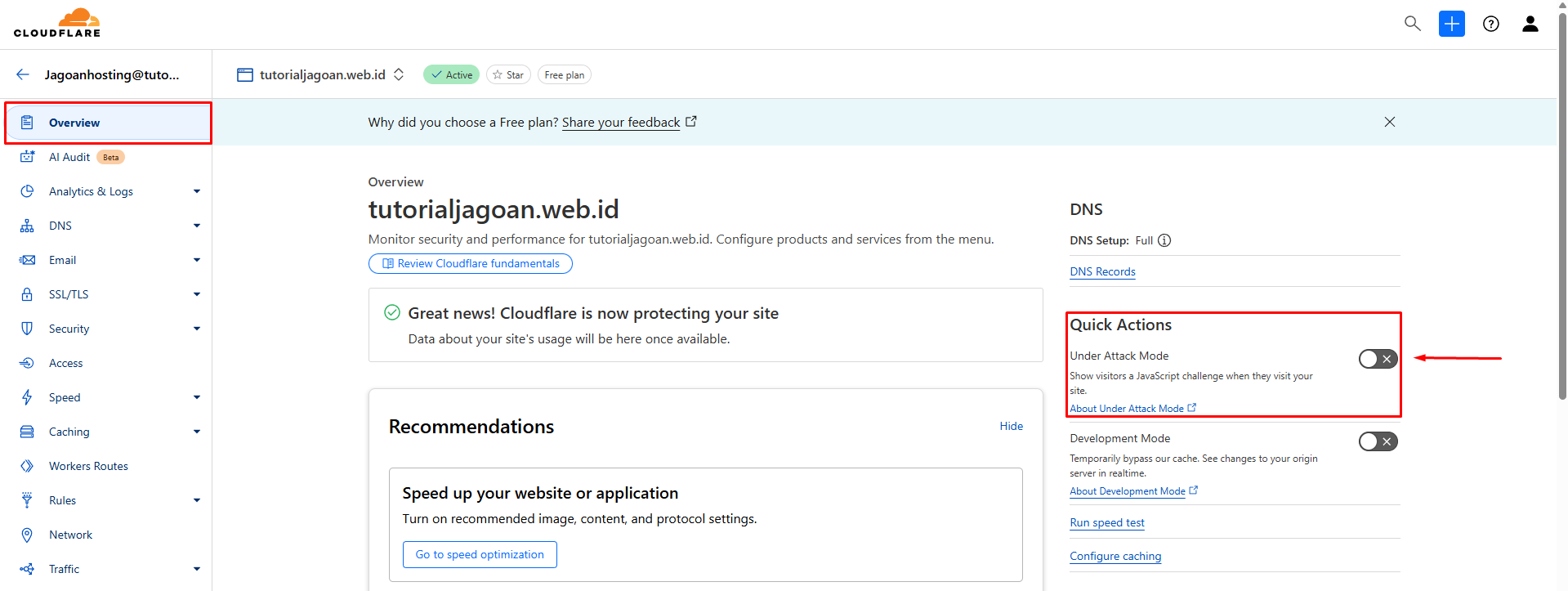 Mengaktifkan Mode Under Attack - Mengatasi Serangan DDOS dengan Cloudflare