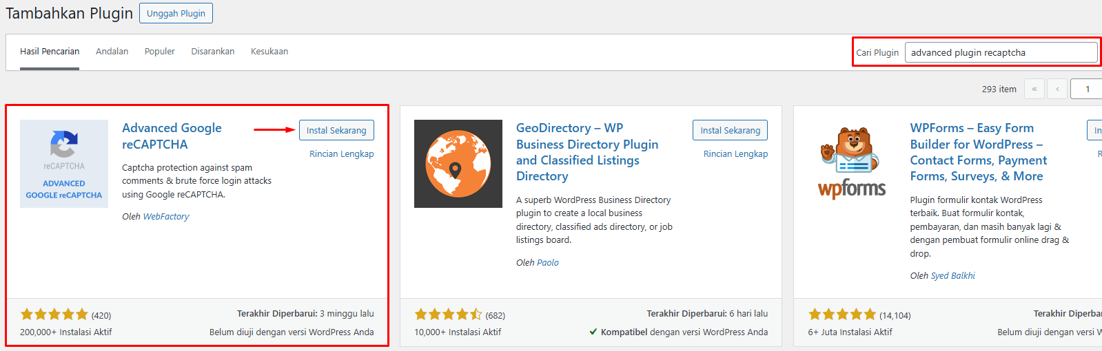 Pilih plugin Install reCaptcha Google di WordPress