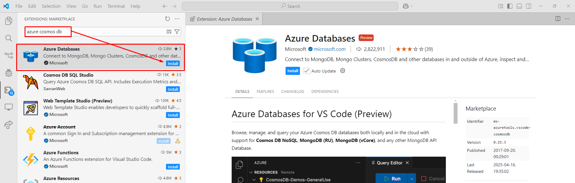 3-Install extension azure database-Cara akses MongoDB di Visual Code 3-Install extension azure database-Cara akses MongoDB di Visual Code