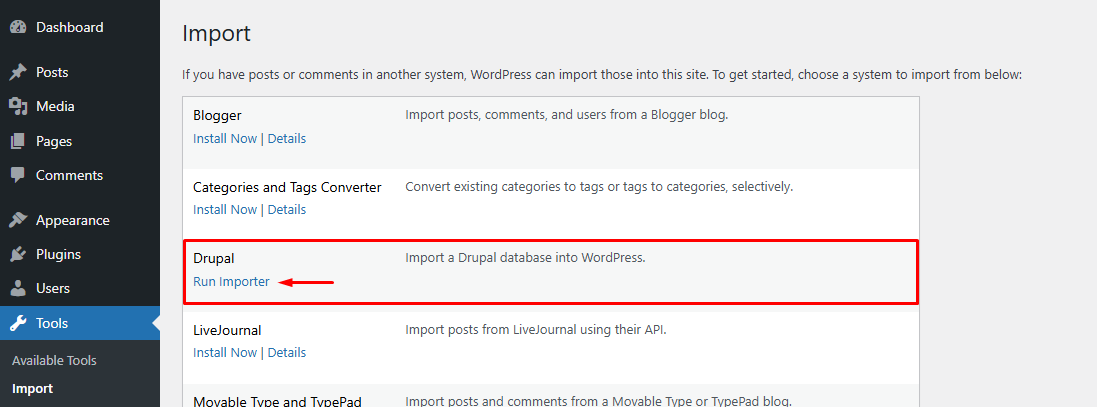 3-Pilih run importer drupal-Cara migrasi drupal ke wordpress 3-Pilih run importer drupal-Cara migrasi drupal ke wordpress