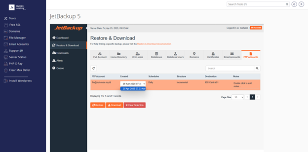 3-Pilih tabggal backup FTP-Cara Melakukan Restore FTP Account Menggunakan JetBackup di Hosting 3-Pilih tabggal backup FTP-Cara Melakukan Restore FTP Account Menggunakan JetBackup di Hosting