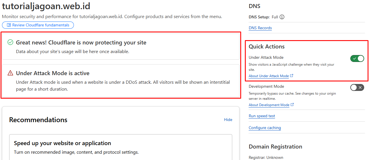 Mode Under Attack Aktif - Mengatasi Serangan DDOS dengan Cloudflare