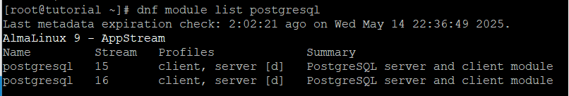 1-perintah-cek module postgresql-cara-instal-postgresql-almalinux 1-perintah-cek module postgresql-cara-instal-postgresql-almalinux